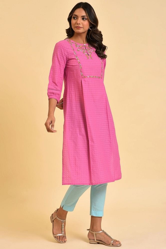 Buy Pink Embroidered Cotton Straight Kurta With Trousers & Dupatta Online  at Rs.1619 | Libas